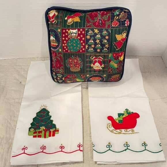 Festive Christmas Pillow & Embroidered Holiday Tea Towels Set - Picture 2 of 7